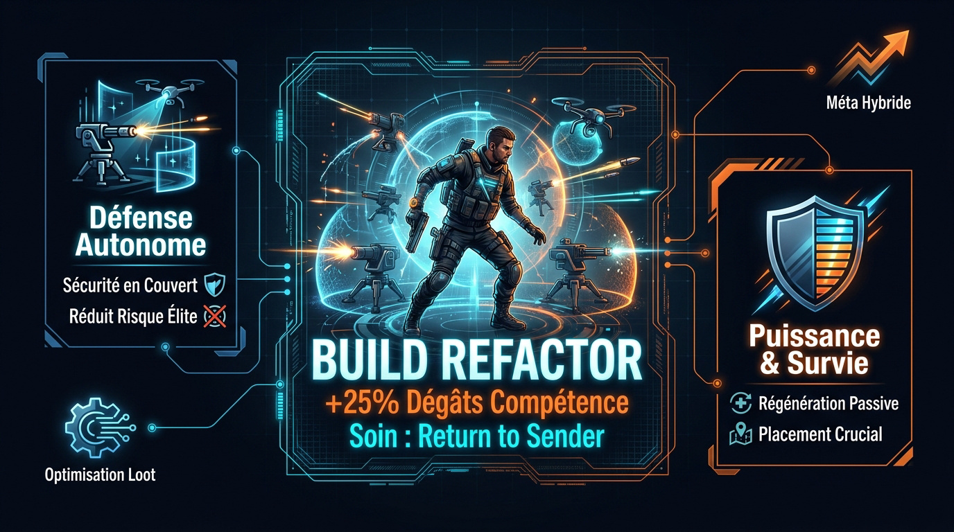 Infographie détaillée du build Refactor pour The Division 2 avec statistiques de dégâts de compétence