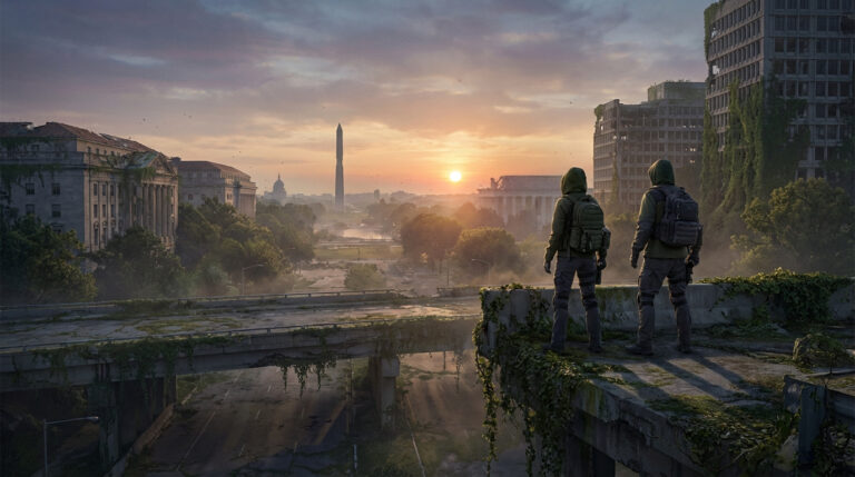 Deux agents de The Division 2 contemplent un coucher de soleil sur Washington D.C. post-apocalyptique, monuments emblématiques visibles.