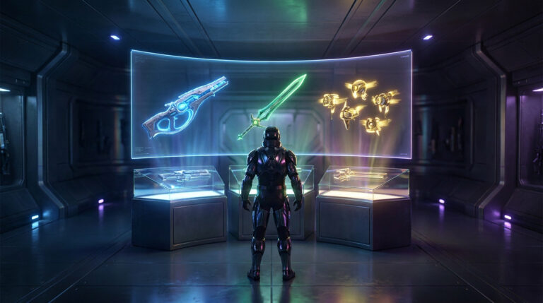 Un Gardien en armure examine des hologrammes d'armes exotiques légendaires de Destiny 1 dans une salle futuriste sombre.