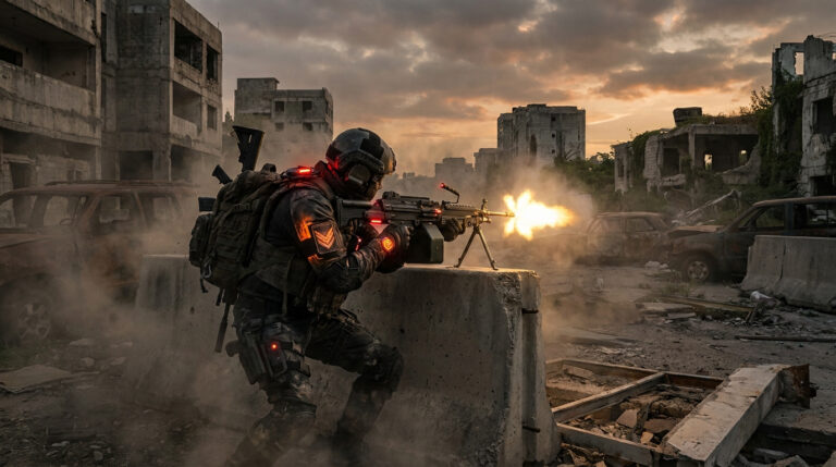 Un soldat tactique futuriste tire avec une mitrailleuse légère derrière une barrière en béton dans une ville en ruines.