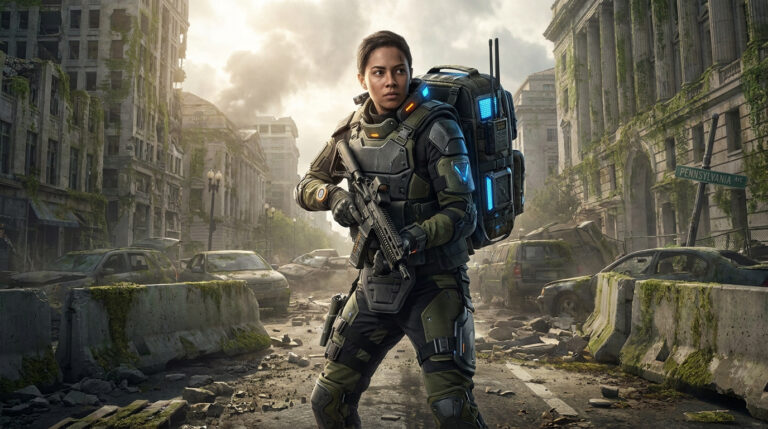 Une soldate en équipement tactique futuriste, fusil en main, se tient dans une ville post-apocalyptique en ruines et envahie.