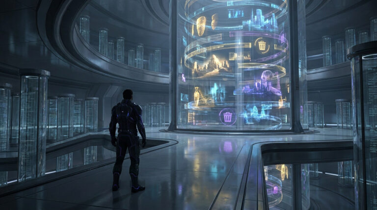 Un Gardien regarde une tour holographique affichant des icônes de corbeille et des souvenirs de Destiny dans un laboratoire.