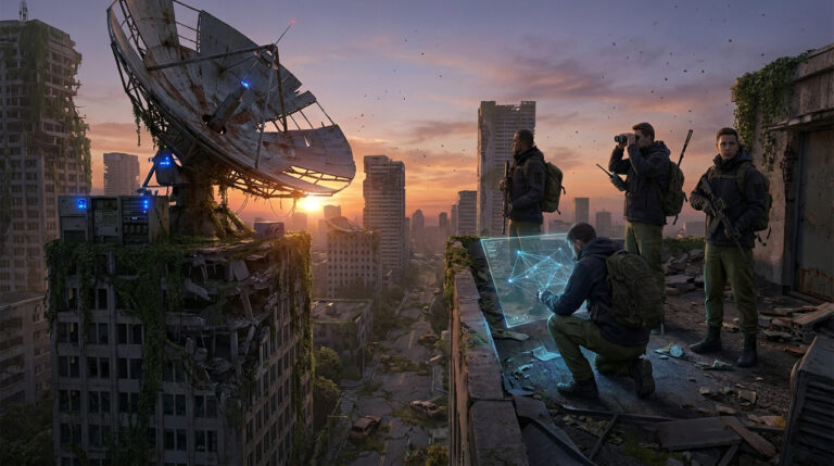 Quatre hommes en équipement tactique restaurent une parabole satellite dans une ville en ruines au lever du soleil, un utilisant une carte holographique.