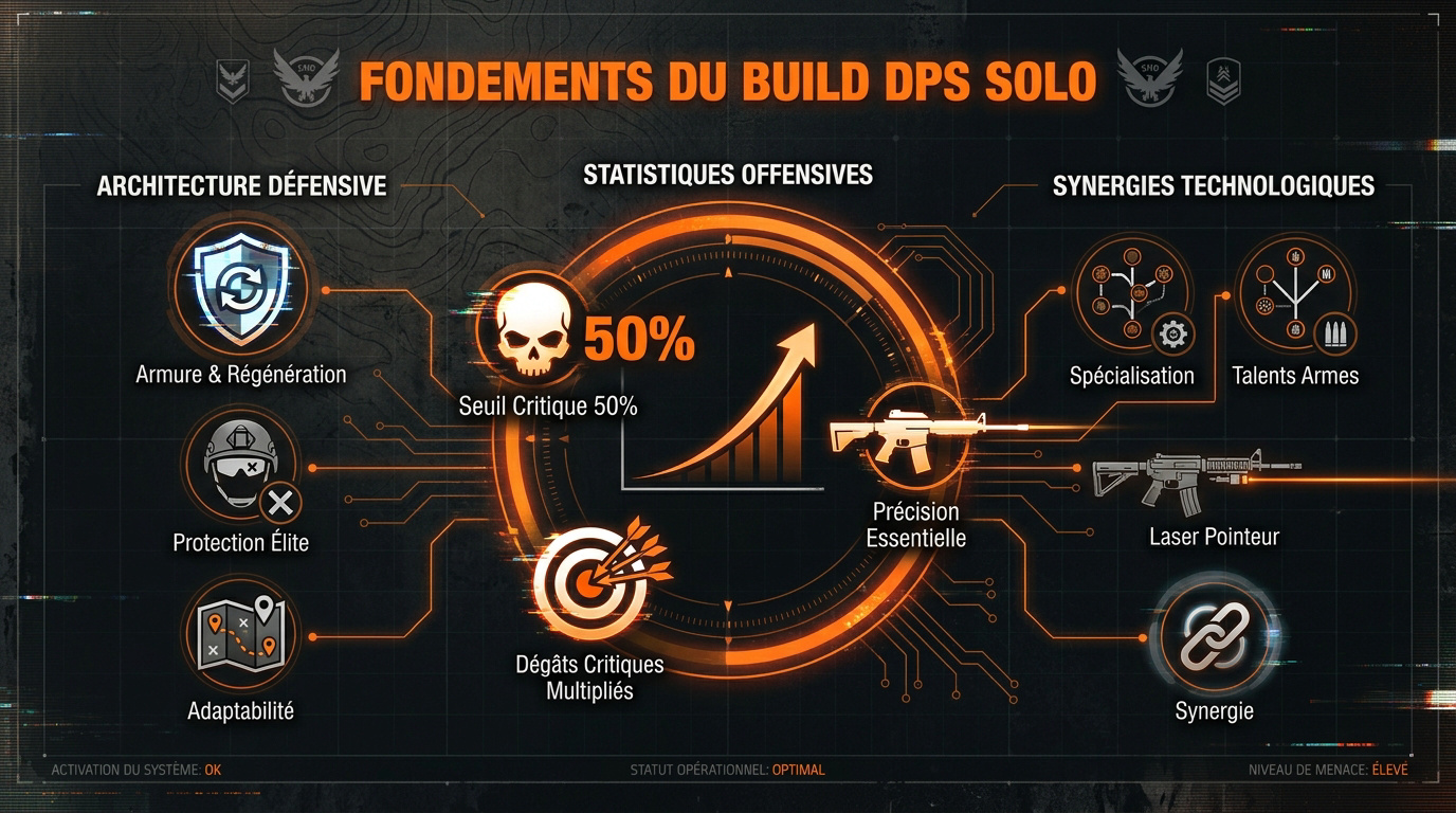 Interface de statistiques de build DPS solo dans The Division 2 montrant les probabilités de coup critique