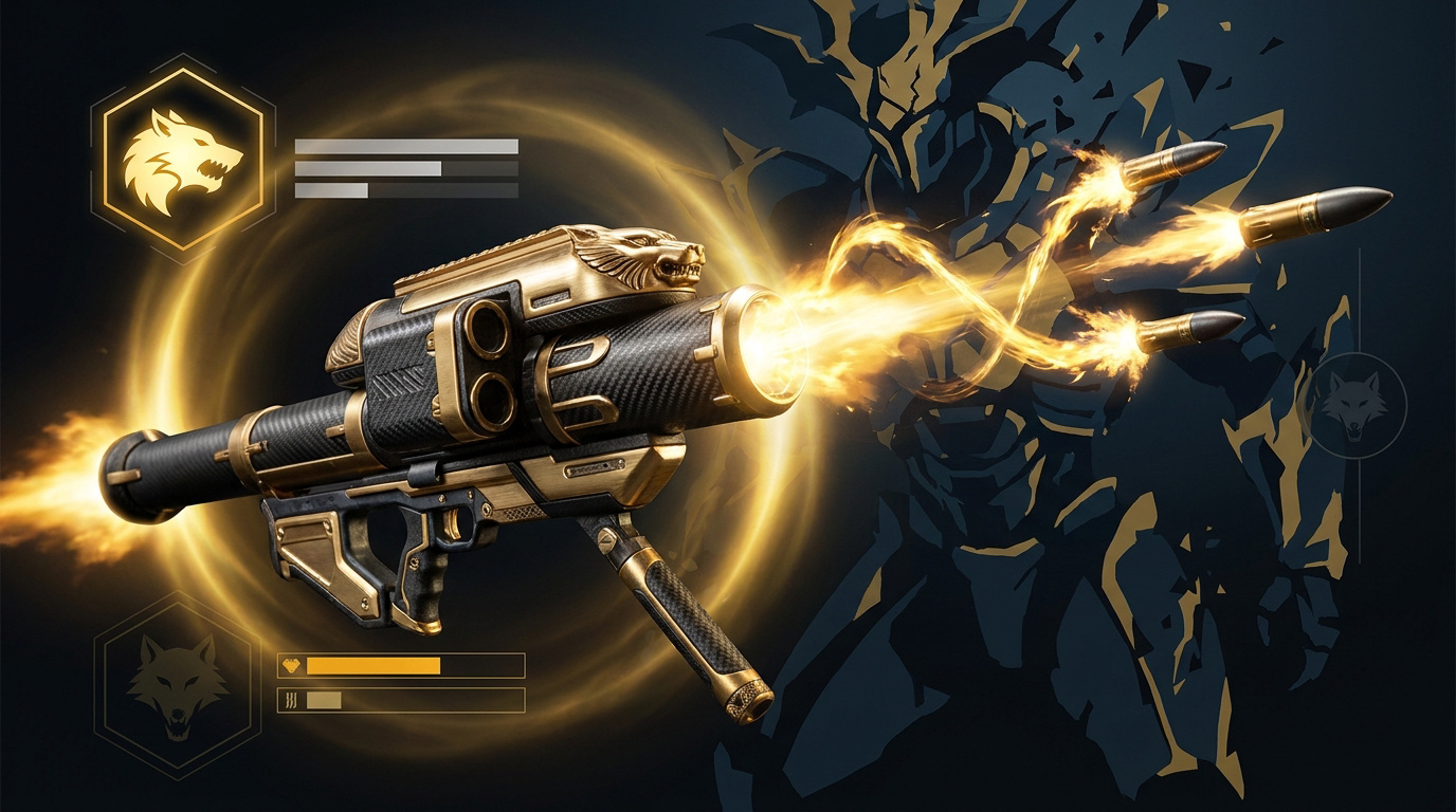 Lance-roquettes exotique Gjallarhorn avec ses ornements dorés et détails de loups sculptés