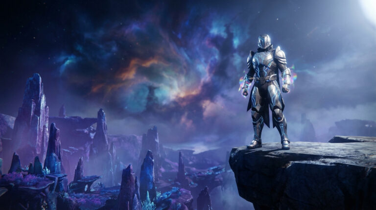 Un Gardien en armure brillante debout sur une falaise face à une nébuleuse colorée dans Destiny 2.