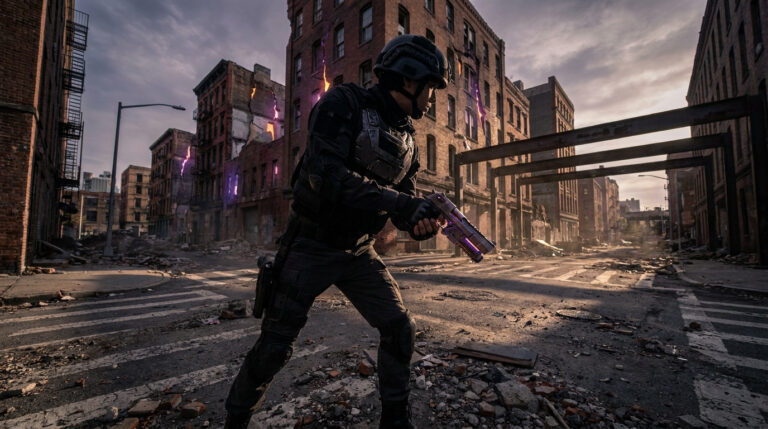 Un soldat en équipement tactique tenant un pistolet futuriste dans une rue de Brooklyn en ruines avec des fissures violettes.