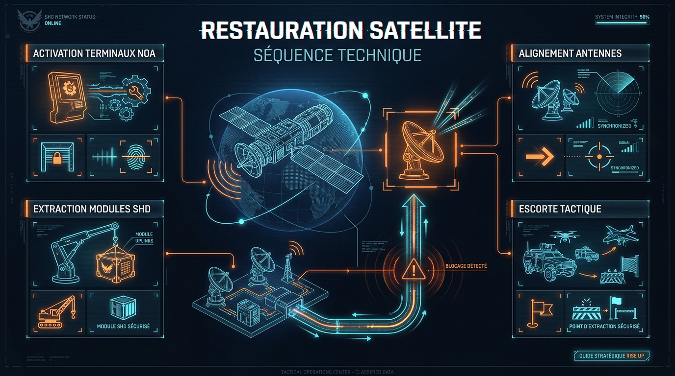 Infographie technique détaillant les étapes de restauration du réseau satellite SHD dans The Division 2