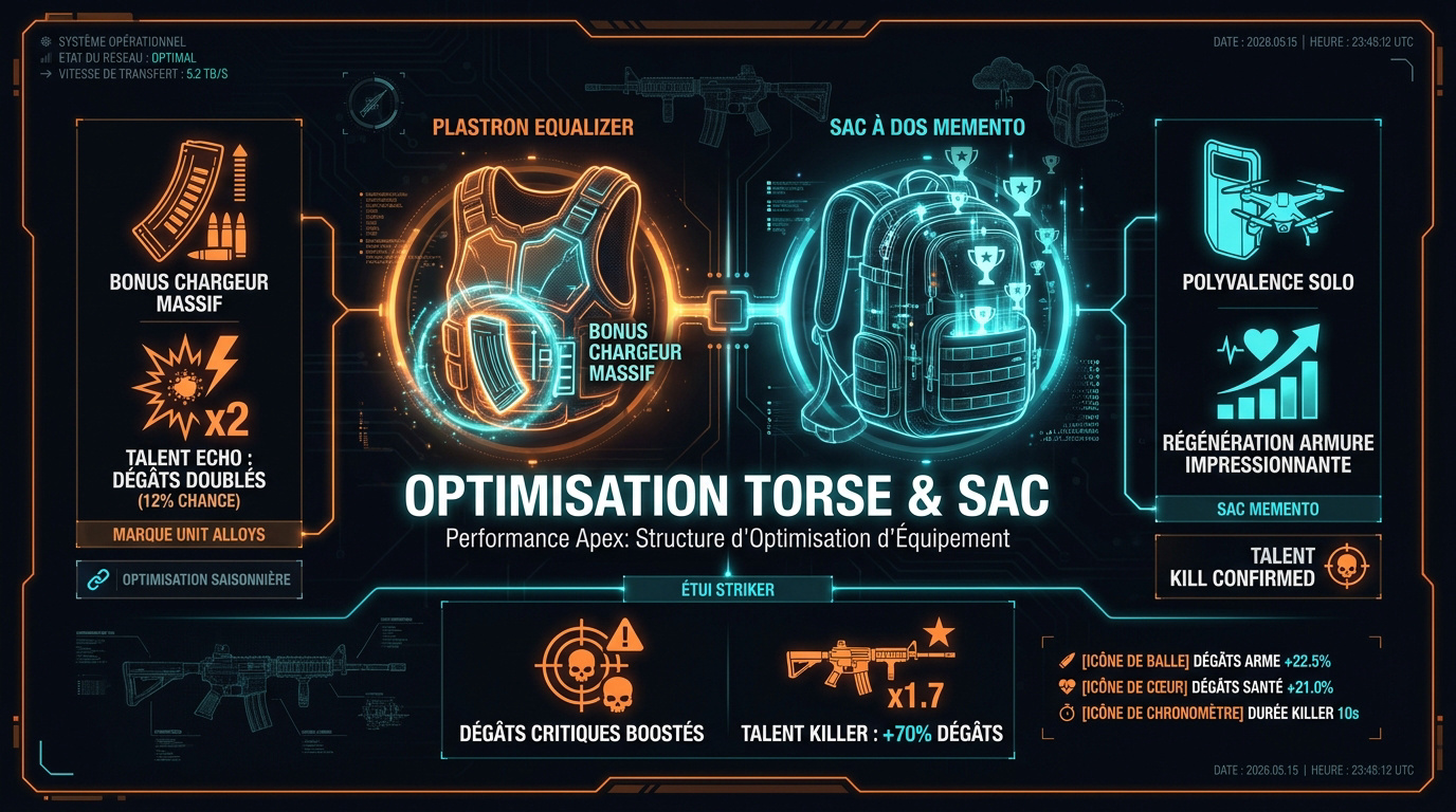 Infographie détaillant l'optimisation des pièces d'équipement Striker et Memento pour The Division 2