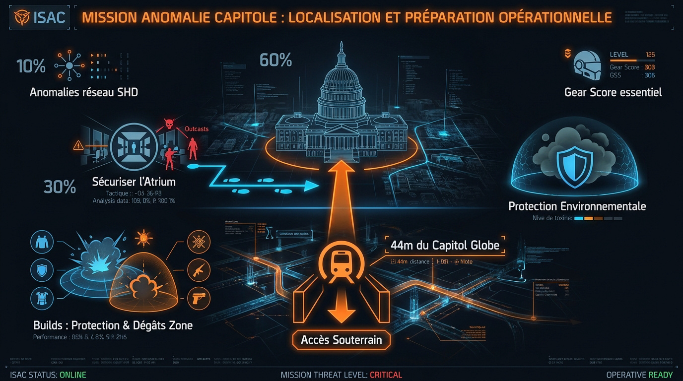 Infographie détaillant les étapes de la mission classifiée The Capitol Anomaly dans The Division 2