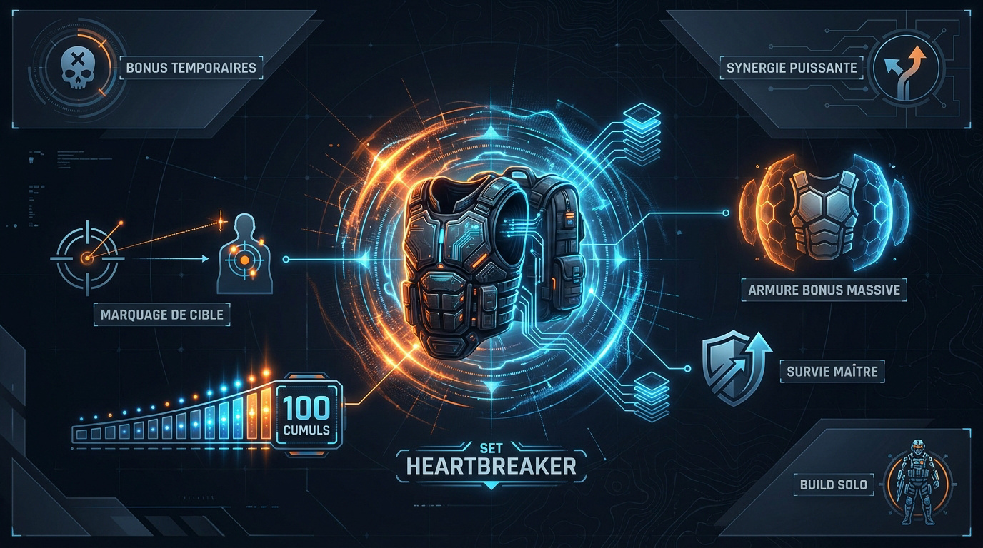 Infographie détaillant les mécaniques de cumul et les bonus d'armure du set Heartbreaker