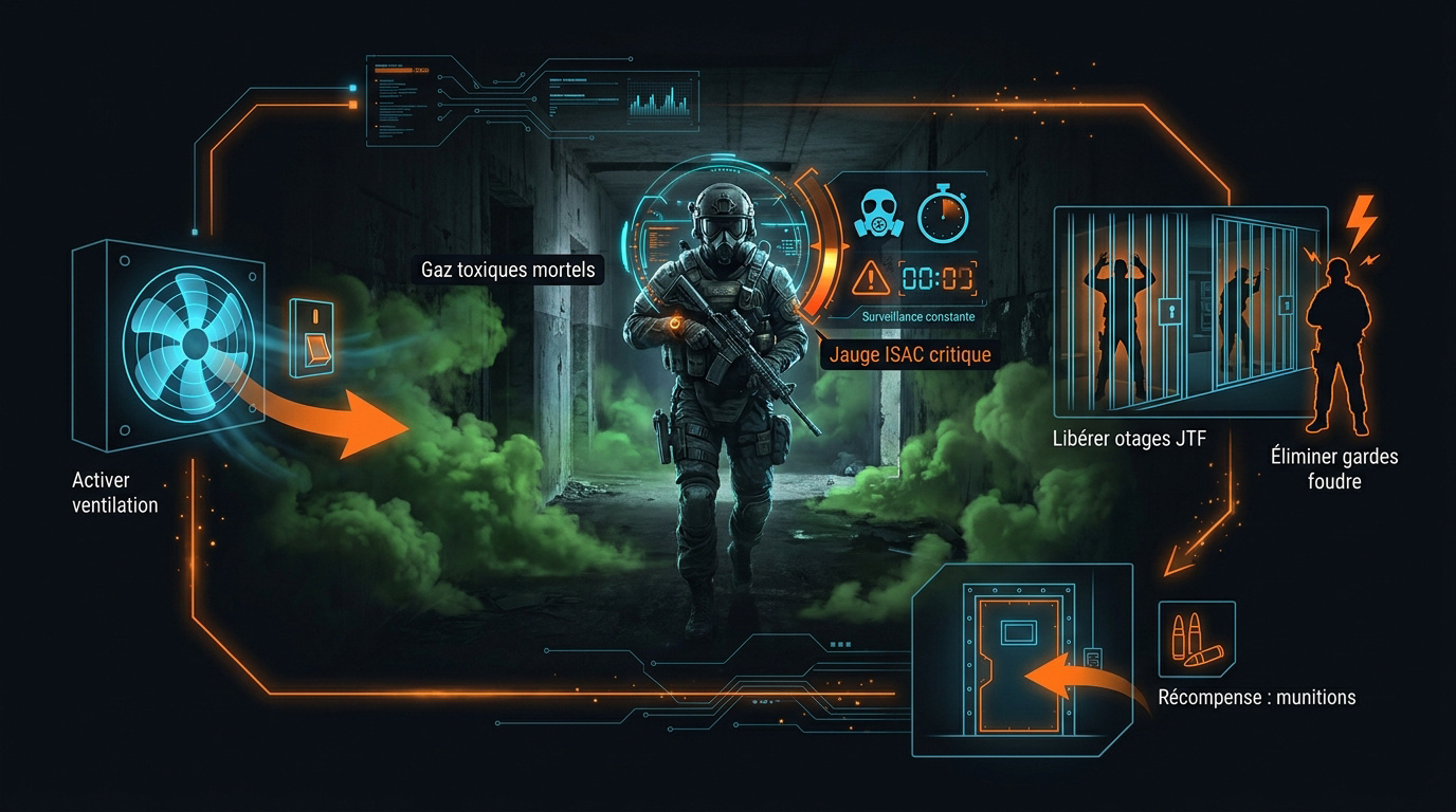 Infographie tactique d'un agent JTF en mission de sécurisation dans une zone contaminée