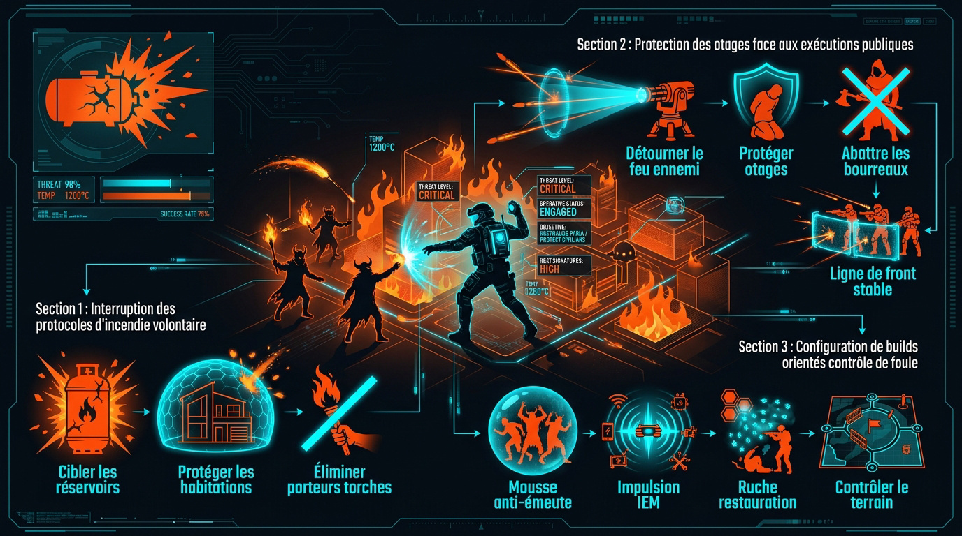 Infographie détaillant les tactiques de neutralisation des unités incendiaires Paria en zone urbaine