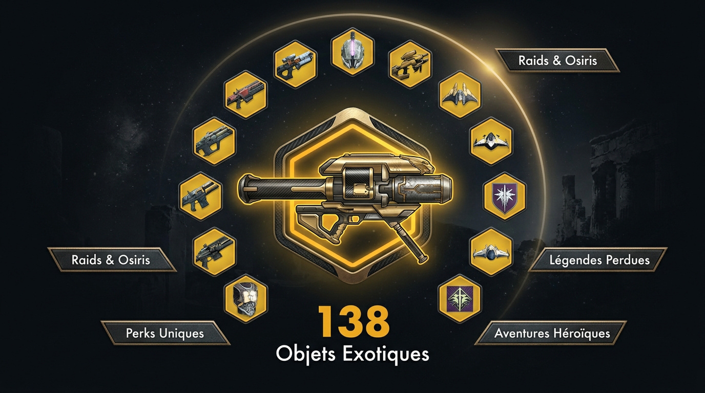 Interface d'inventaire de Destiny 1 affichant une collection d'armes et armures exotiques sur PlayStation