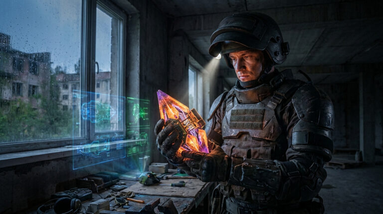 Soldat en tenue tactique examine un cristal énergétique lumineux avec des hologrammes de schémas dans un bâtiment en ruine.