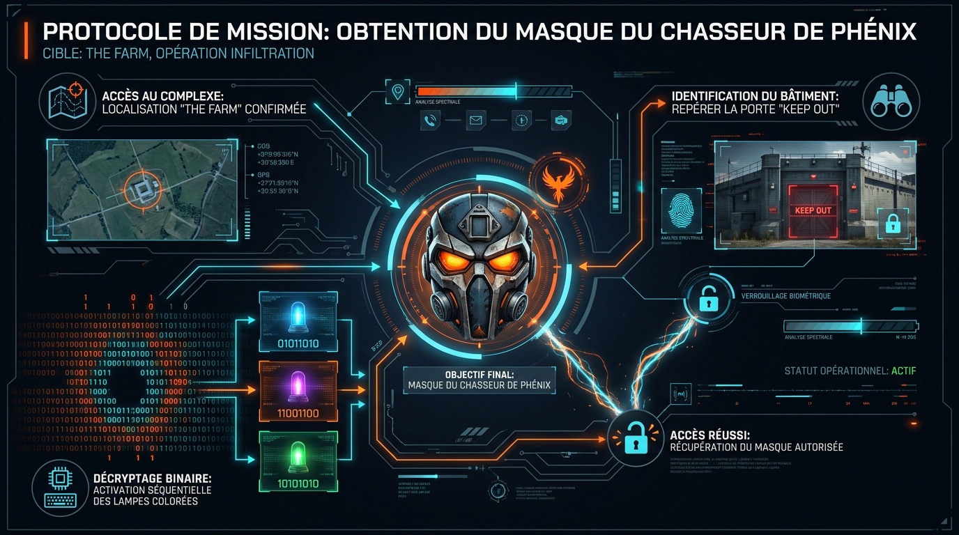 Agent de la Division examinant des indices pour le masque du Chasseur de Phénix