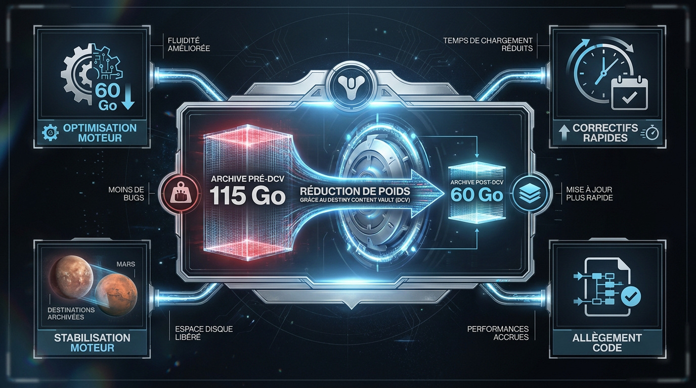 Schéma technique montrant la réduction de l'espace disque de Destiny 2 grâce au Destiny Content Vault