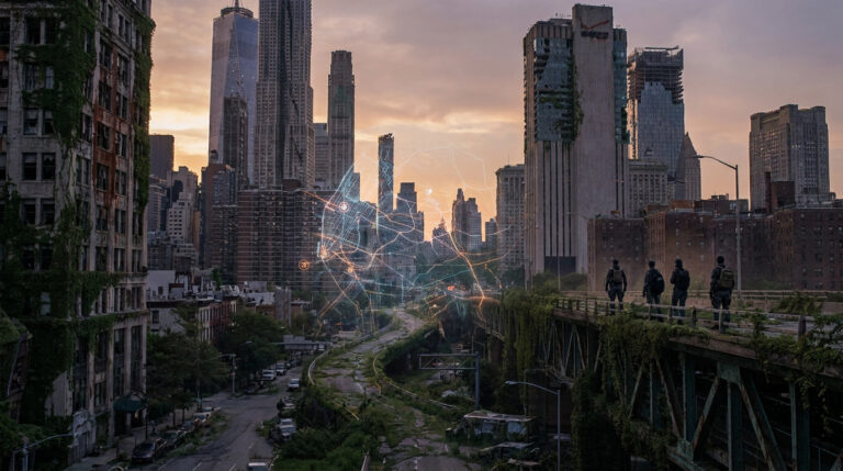 Quatre agents sur un pont délabré observent une ville post-apocalyptique avec gratte-ciel envahis et un hologramme de carte lumineux.