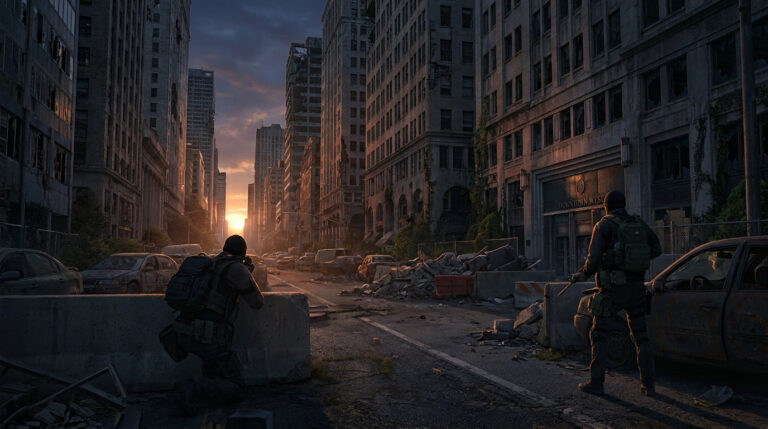 Deux soldats tactiques en mission de reconnaissance dans une rue dévastée d'une ville abandonnée au coucher du soleil.