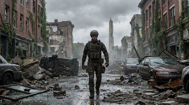 Un soldat armé marche dans une rue dévastée avec des bâtiments en ruine et un obélisque à l'arrière-plan.