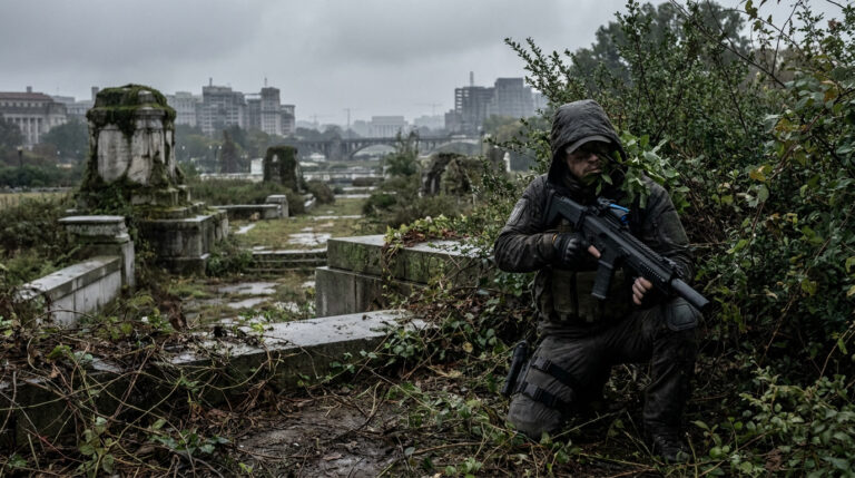 Un soldat en tenue tactique et capuche embusqué dans la végétation urbaine dévastée de Washington D.C. dans The Division 2.