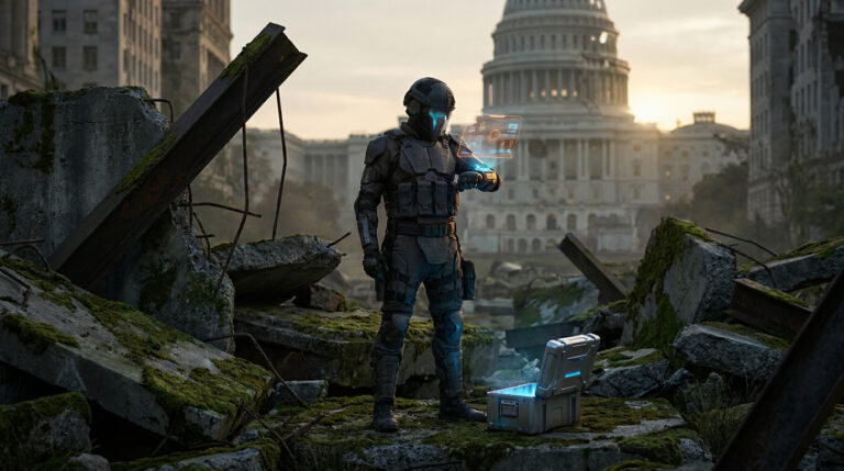 Un agent tactique en armure futuriste examine un écran holographique devant le Capitole dévasté et une caisse lumineuse.