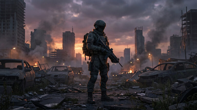 Un agent tactique lourdement armé debout au milieu d'une ville dévastée et en ruines au coucher du soleil.