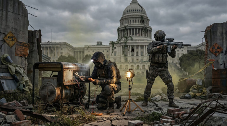 Deux agents de la Division travaillant sur un générateur devant le Capitole dévasté à Washington D.C.