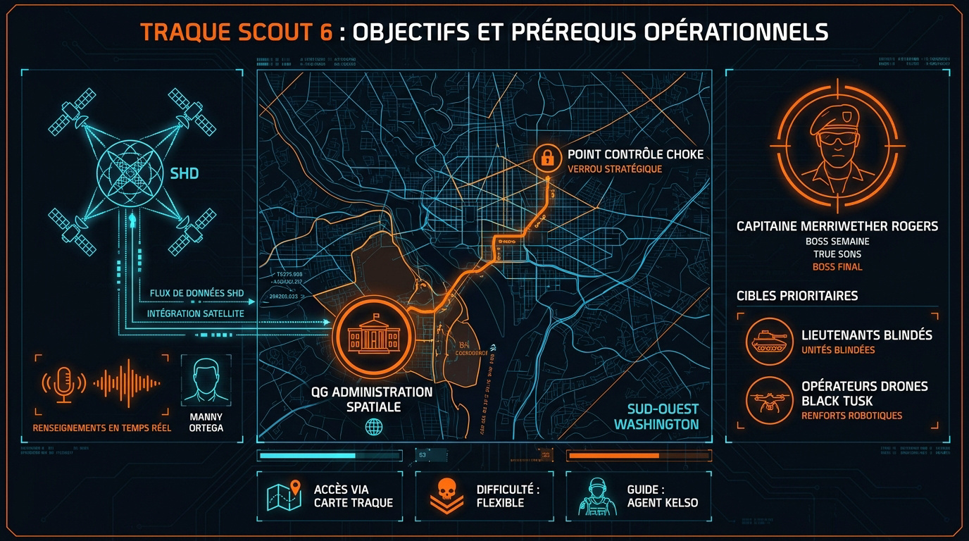 Interface de mission The Division 2 montrant les objectifs de la traque Scout 6 et le Capitaine Rogers