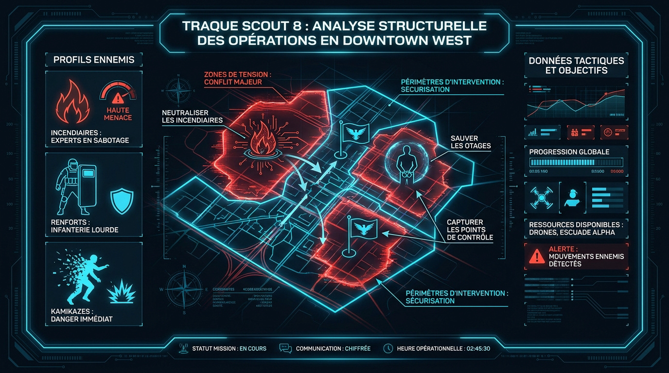 Analyse tactique de la mission de traque Scout 8 dans le centre-ville ouest de Washington DC