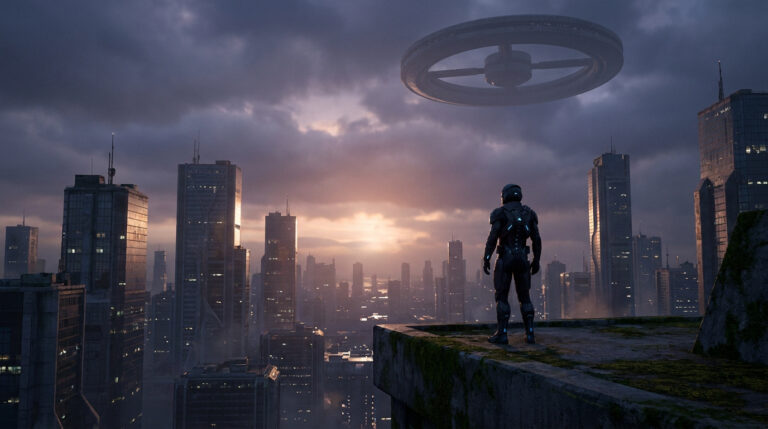 Un soldat futuriste contemple une ville sombre au coucher du soleil avec un vaisseau circulaire dans le ciel.