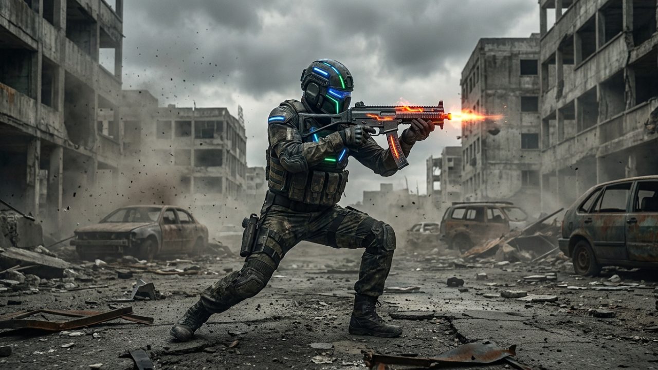 Soldat futuriste en équipement tactique tirant avec un fusil flamboyant dans une ville en ruines.