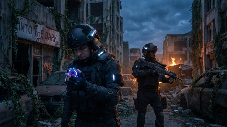 Deux soldats tactiques équipés de matériel futuriste dans une rue urbaine post-apocalyptique en ruines.