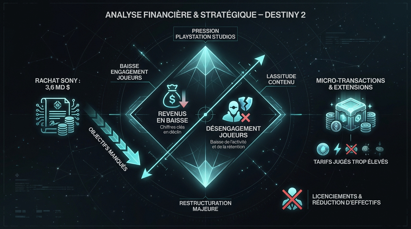 Graphique de l'analyse financière et stratégique de Destiny 2 montrant la chute des revenus