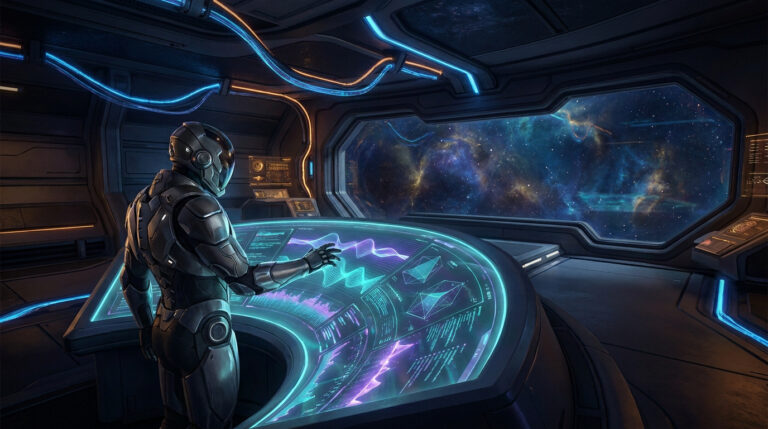 Un astronaute en armure futuriste interagit avec une console holographique lumineuse dans un vaisseau spatial.