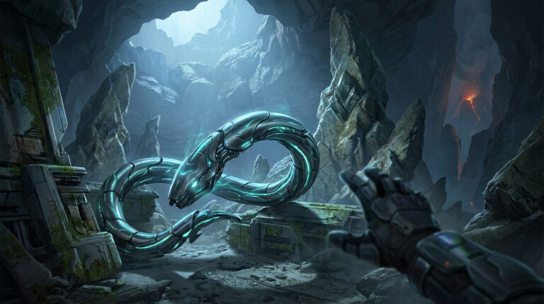 Un ver exo robotique brillant dans une grotte rocheuse avec une main de gardien tendue vers lui dans Destiny 2.