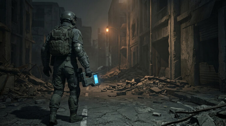 Un soldat en équipement tactique marche dans une rue en ruines de nuit, tenant un scanner technologique à la main.