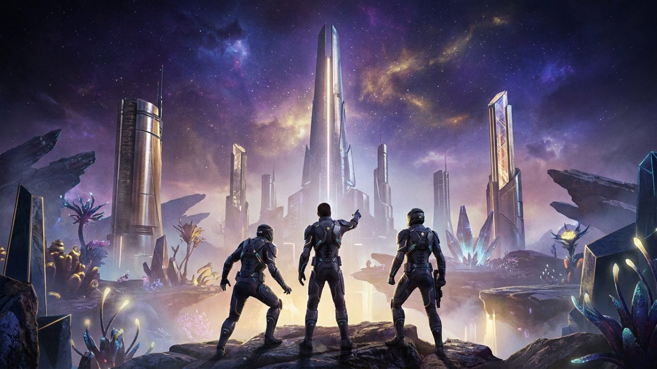 Trois Gardiens en armure regardant une cité futuriste avec des tours imposantes sous un ciel galactique.