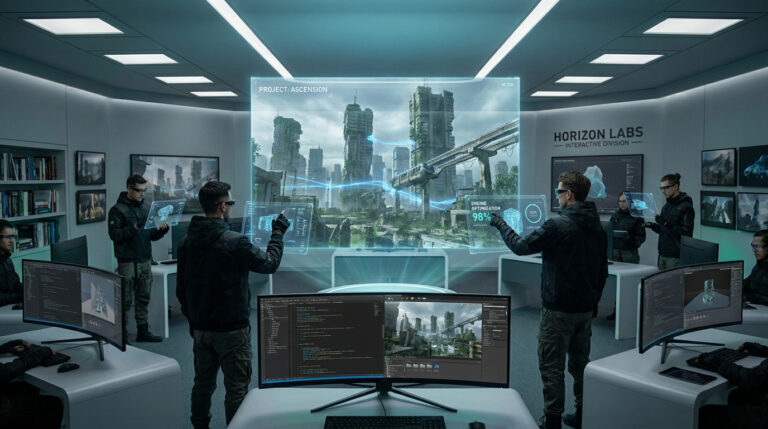 Équipe de développeurs travaillant dans un laboratoire futuriste sur le projet de jeu vidéo The Division 3.