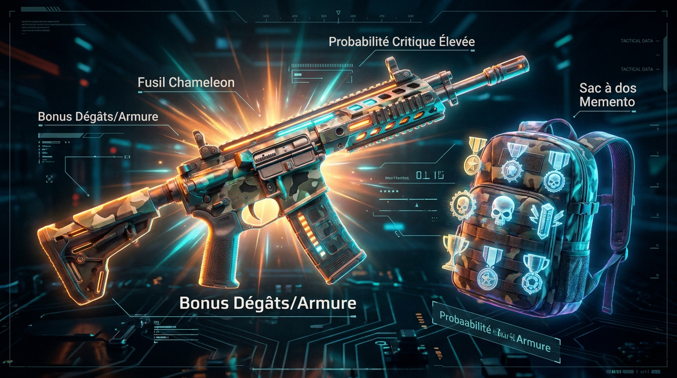 Fusil d'assaut exotique Chameleon et sac à dos Memento pour build solo