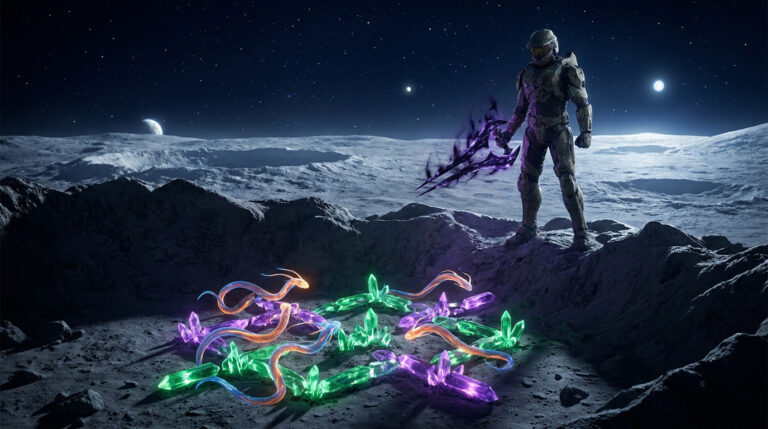 Un soldat en armure tient une épée sombre sur une surface lunaire devant un cercle de cristaux et de créatures serpentines.