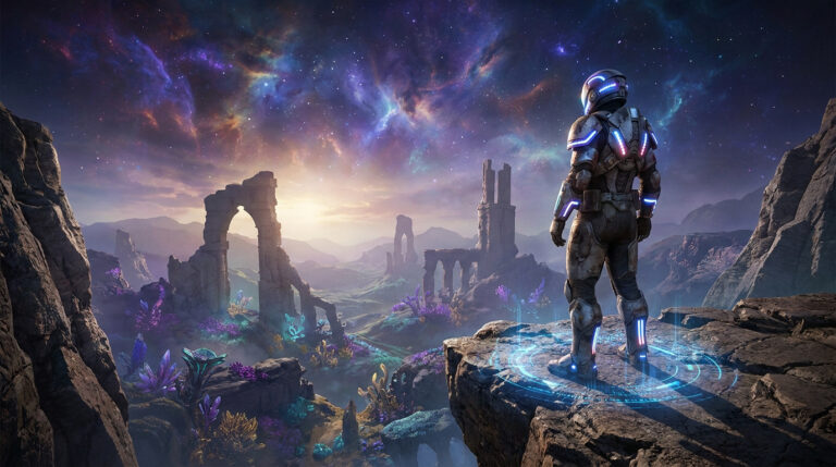 Un Gardien de Destiny 2 contemple des ruines alien sous une nébuleuse colorée et un ciel étoilé.