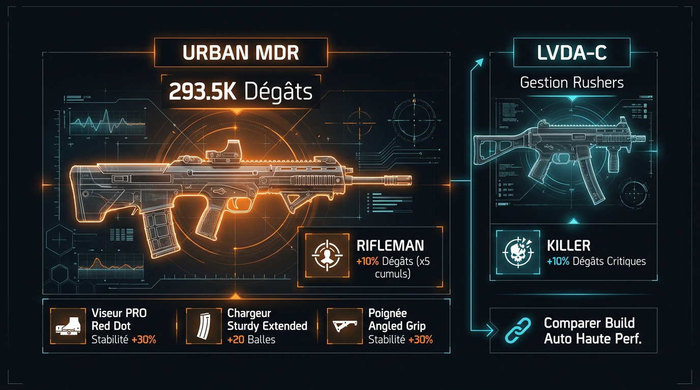 Infographie des armes tactiques Urban MDR et LVDA-C pour un build fusil