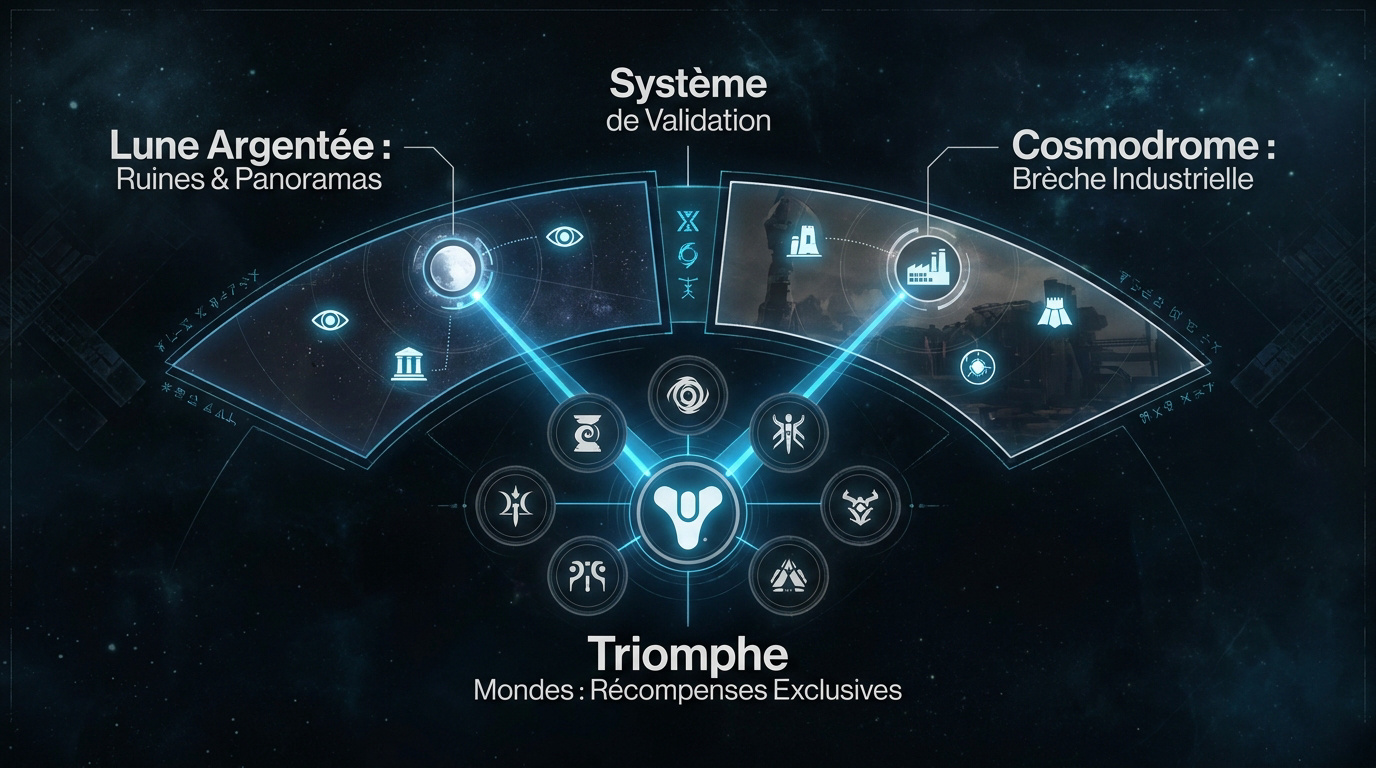 Infographie futuriste détaillant les étapes de quête pour les panoramas de Destiny 2
