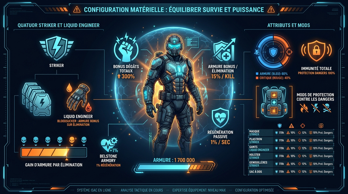 Infographie tactique montrant l'équilibre entre survie et puissance pour un build Striker