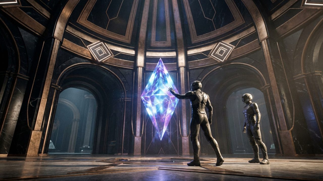 Deux personnages en armure futuriste interagissent avec un grand cristal flottant dans une salle architecturale sombre.