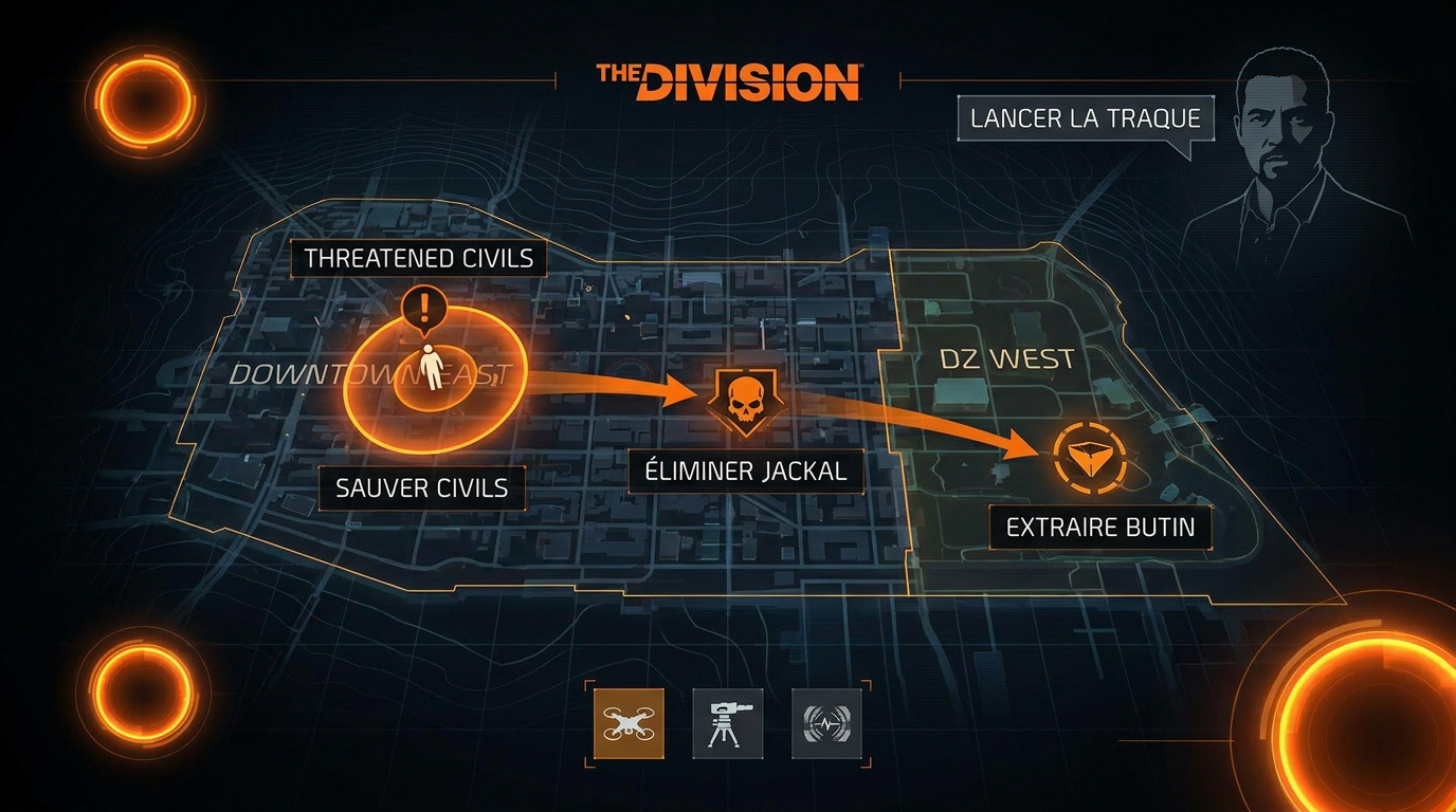 Interface tactique de The Division 2 montrant les objectifs de la mission Jackal