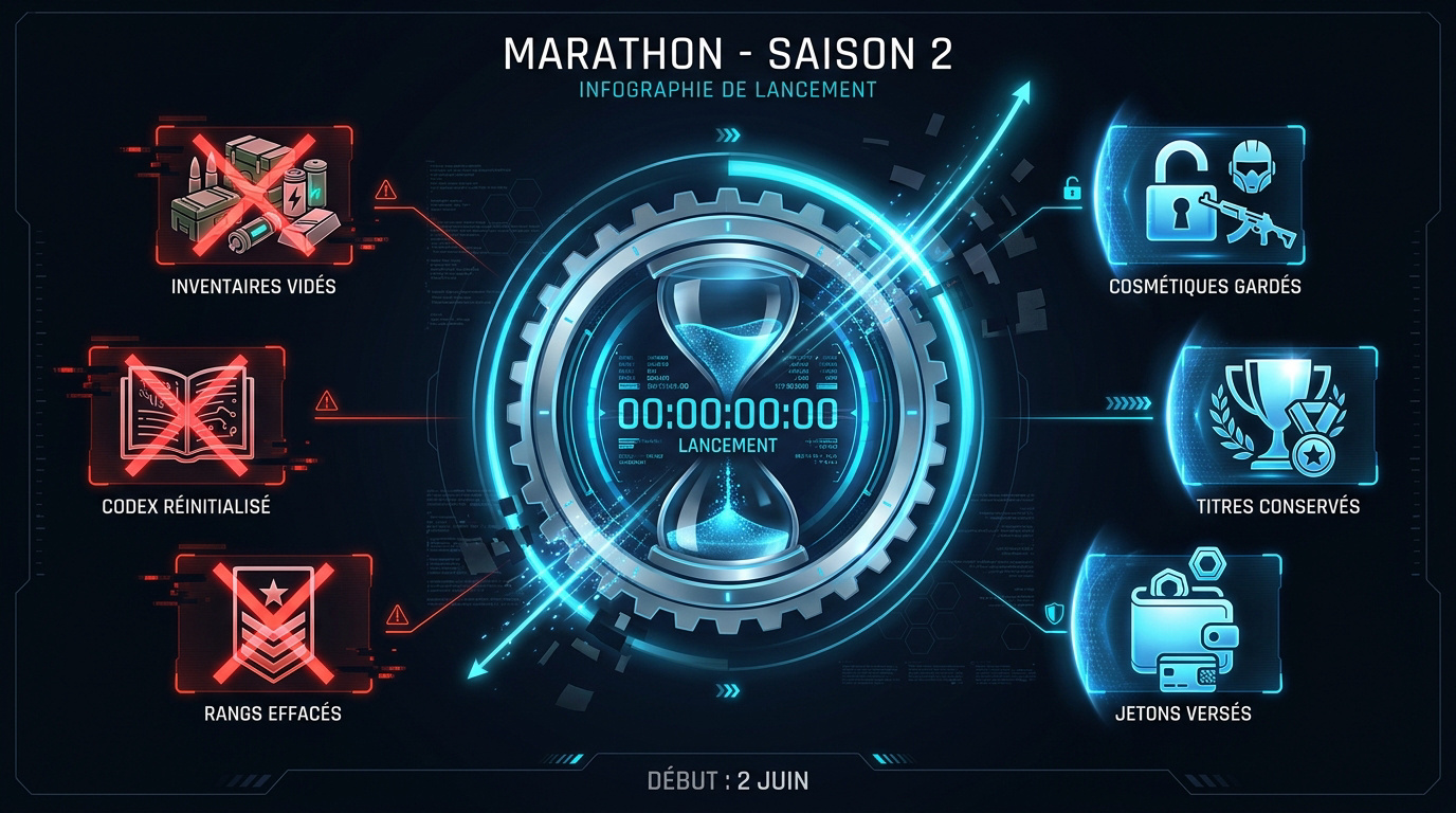Infographie détaillant la réinitialisation des inventaires et la conservation des objets cosmétiques pour la saison 2 de Marathon