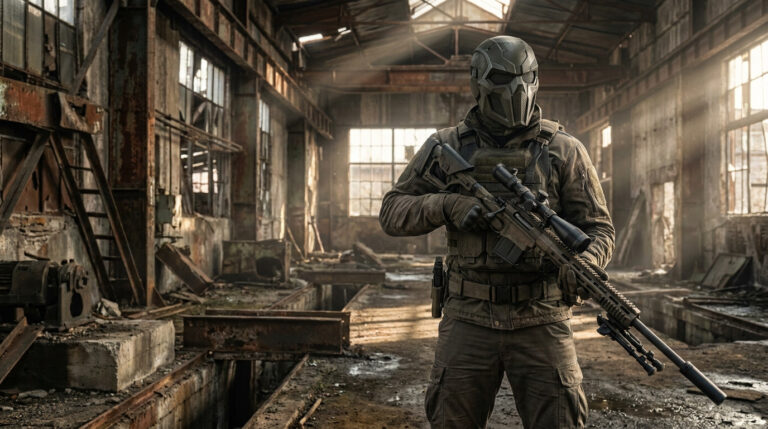 Un sniper en équipement tactique et masque tactique Ruin Hunter tenant son fusil dans une usine désaffectée.