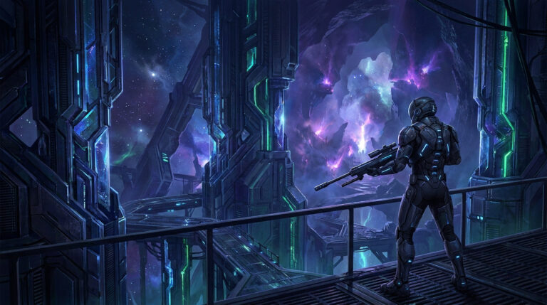 Un soldat en armure futuriste observe une nébuleuse violette depuis une structure spatiale technologique.